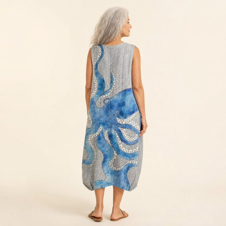 Gerda | Mouwloze midi-jurk met geschilderde octopus op grijs