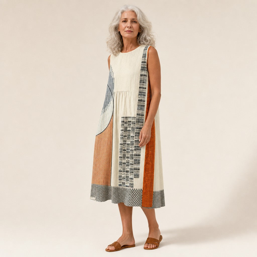 Greet | Mouwloze midi-jurk met grafische patchworkprint