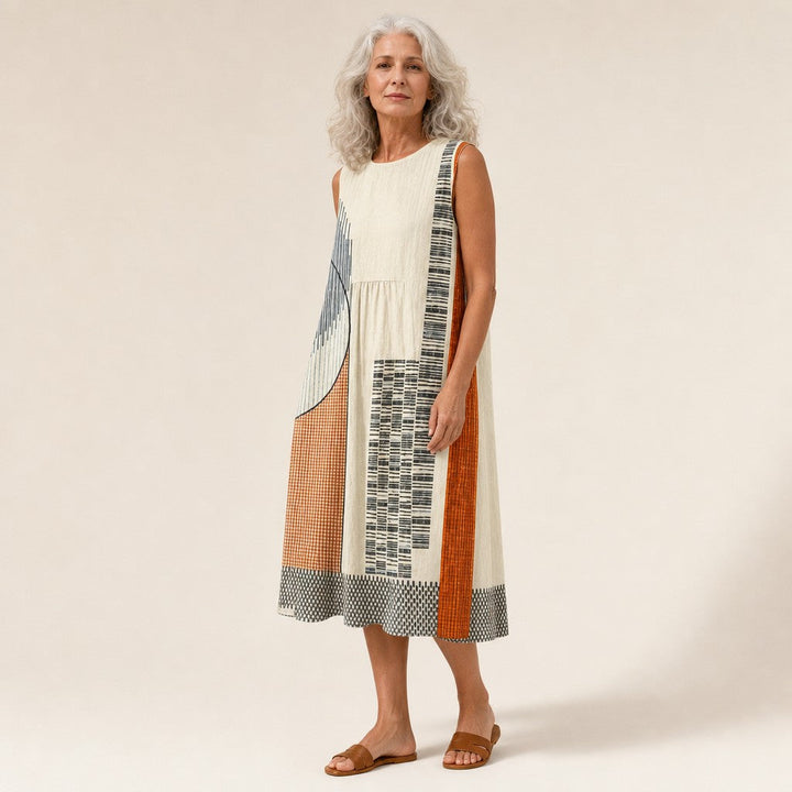 Greet | Mouwloze midi-jurk met grafische patchworkprint