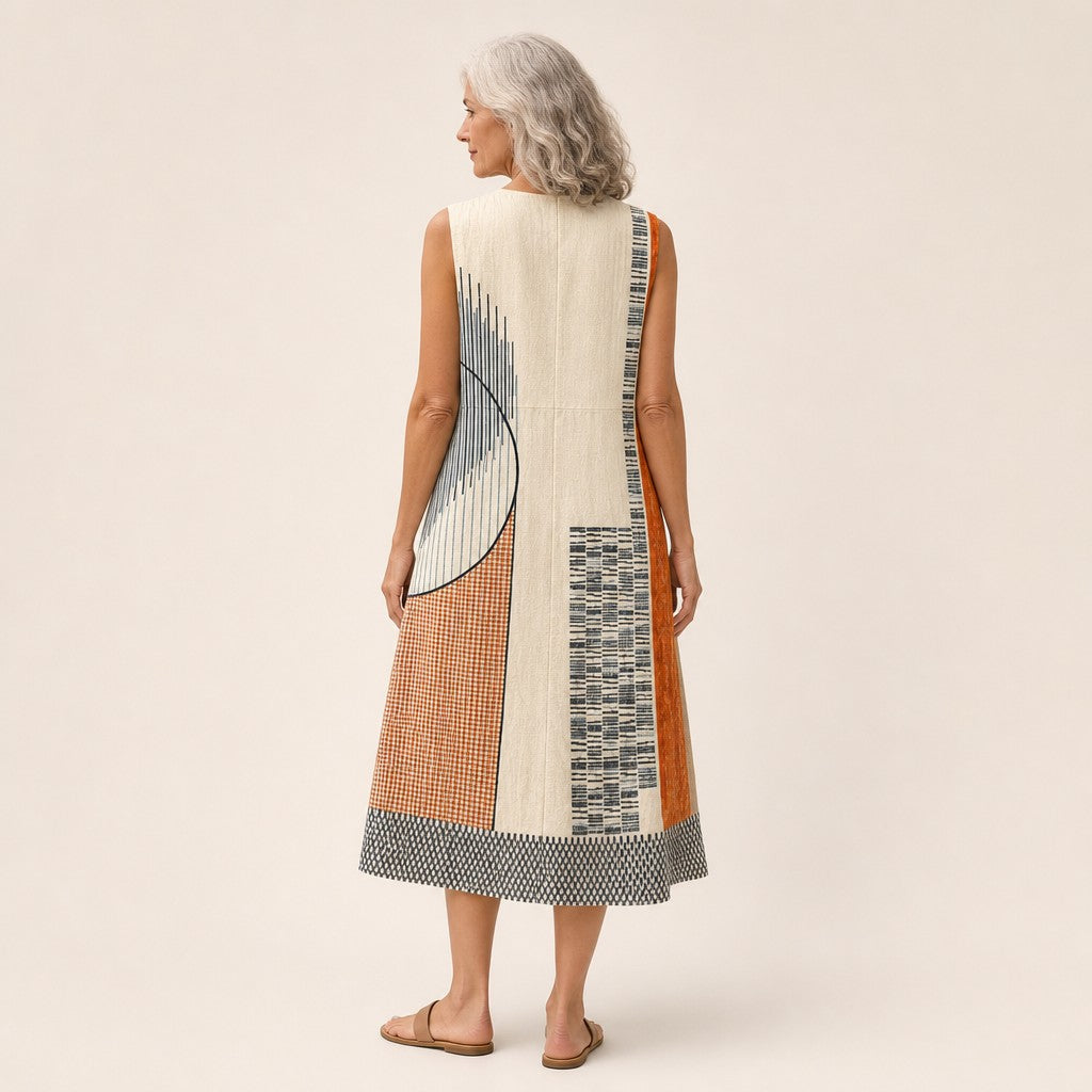 Greet | Mouwloze midi-jurk met grafische patchworkprint