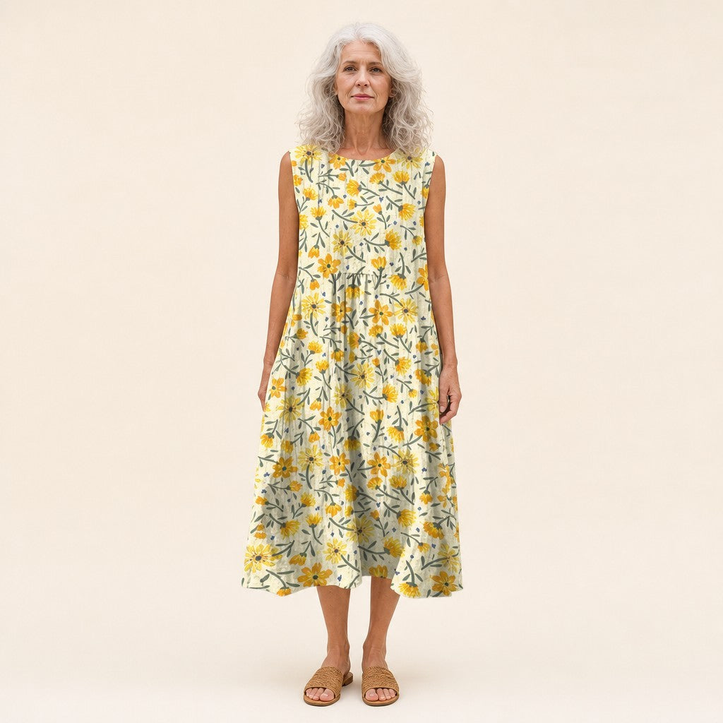 Daphne | Mouwloze midi-jurk met kleine gele bloemen
