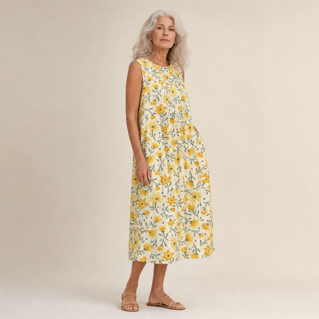 Daphne | Mouwloze midi-jurk met kleine gele bloemen