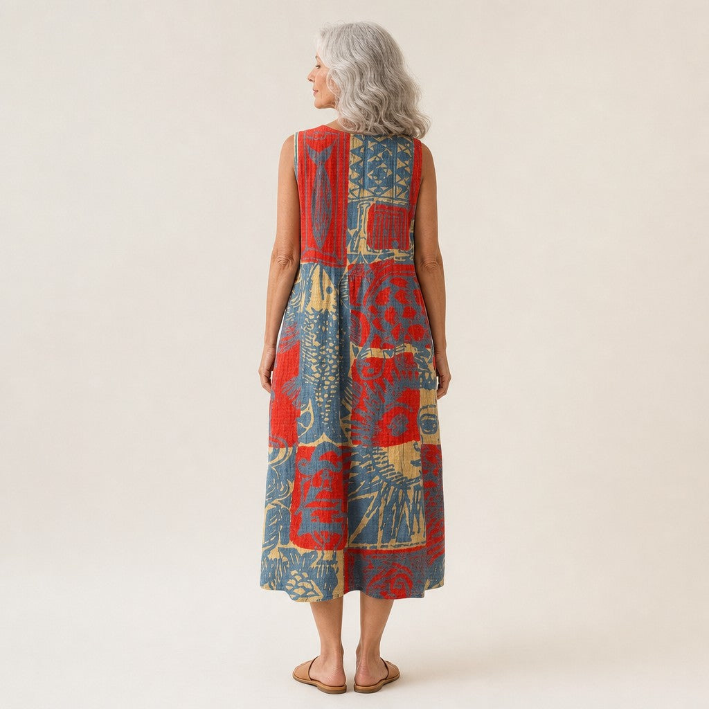 Veerle | Mouwloze midi-jurk met abstracte collageprint