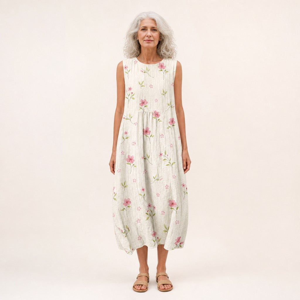 Carla | Mouwloze midi-jurk met kleine roze bloemen