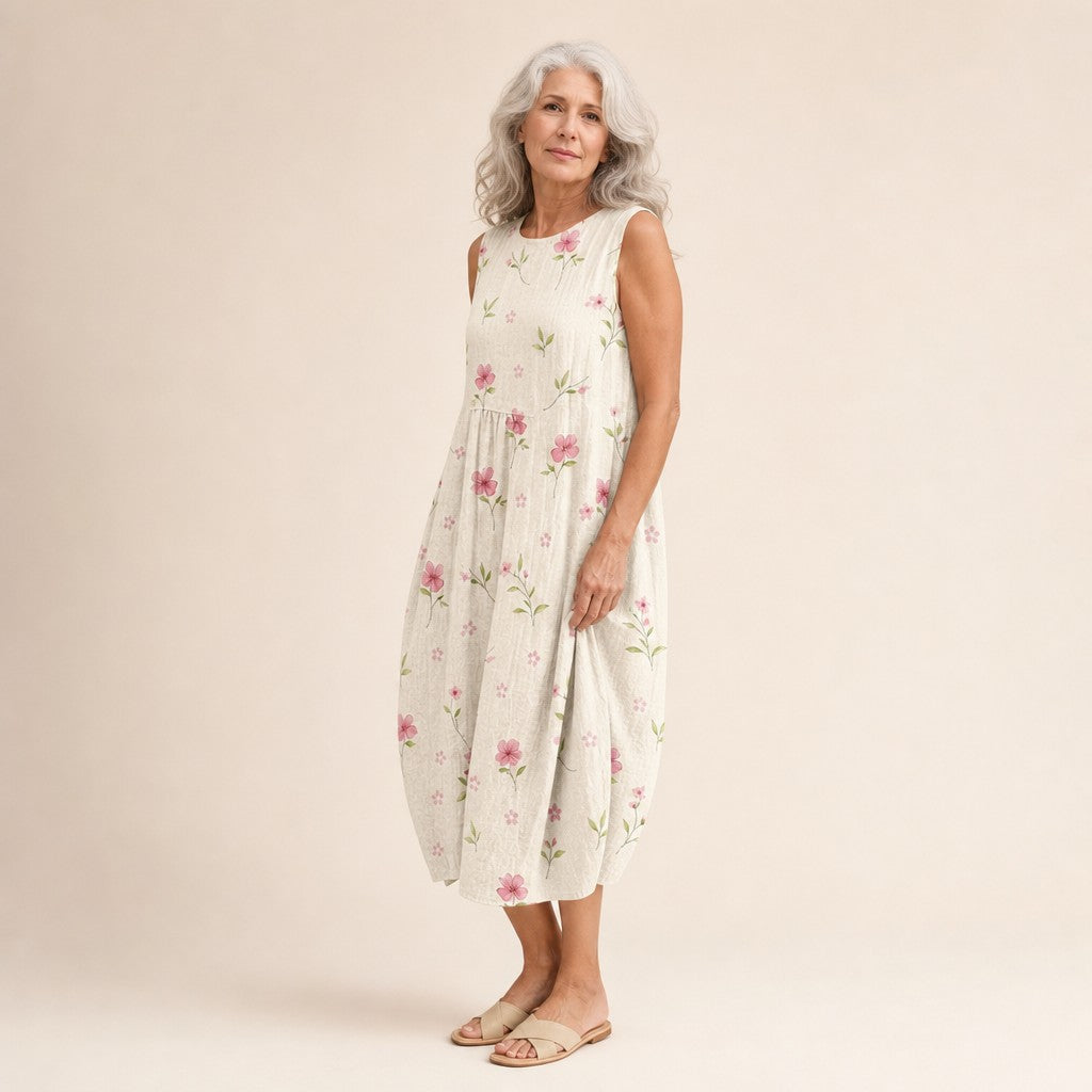 Carla | Mouwloze midi-jurk met kleine roze bloemen
