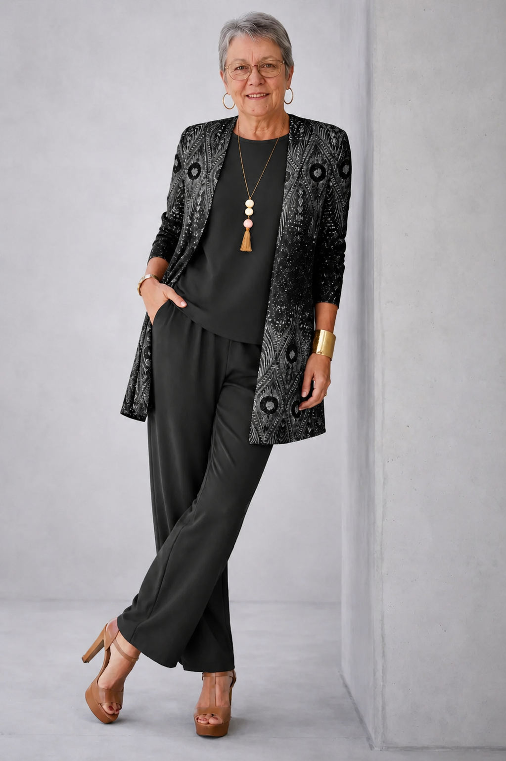 Fientje | 3-delige set met printcardigan in zwart