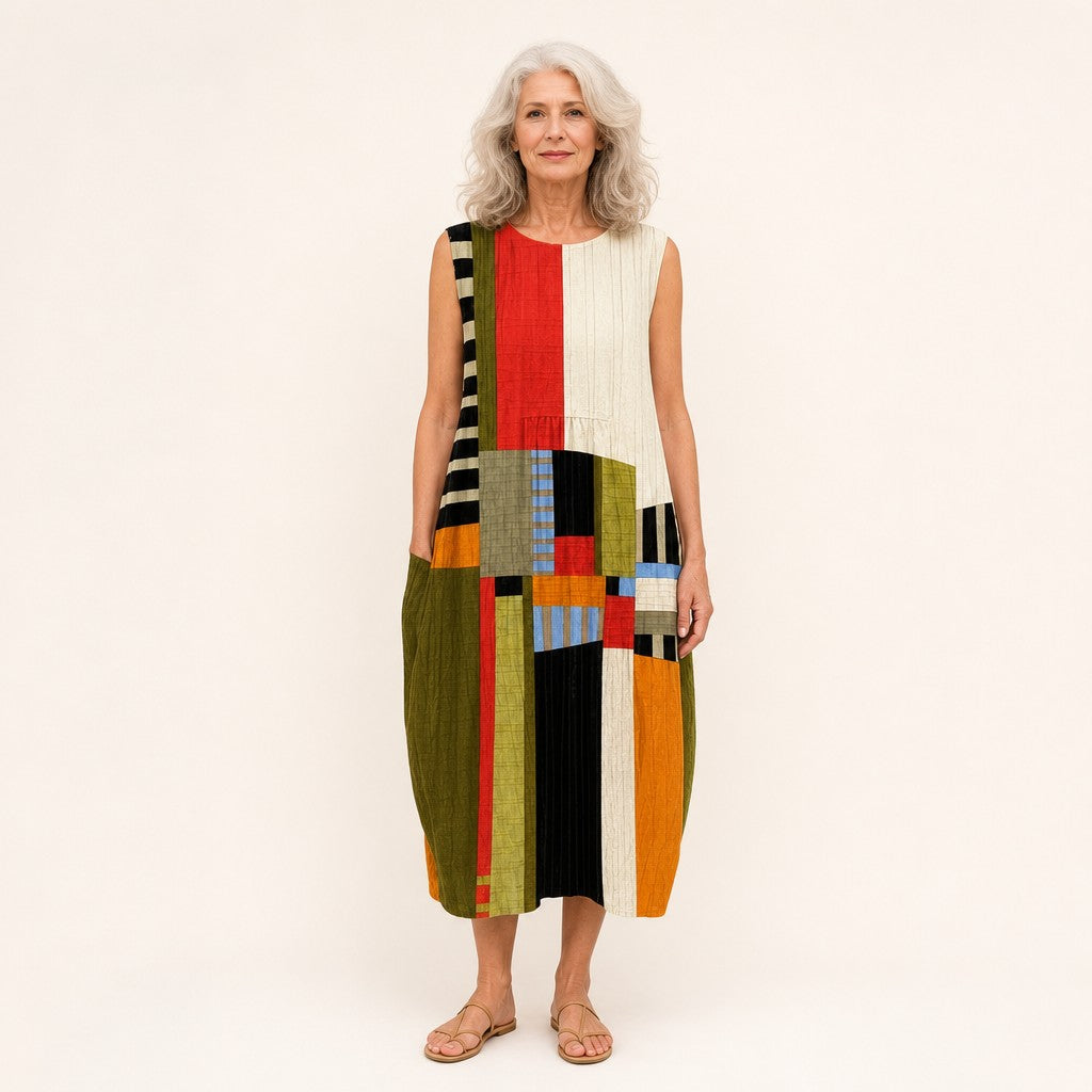 Roos | Mouwloze midi-jurk met grafische kleurvlakken