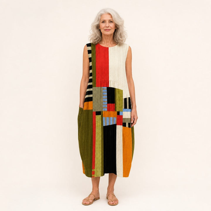Roos | Mouwloze midi-jurk met grafische kleurvlakken