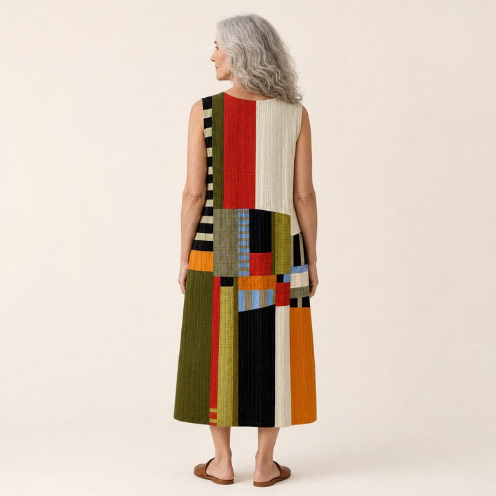 Roos | Mouwloze midi-jurk met grafische kleurvlakken