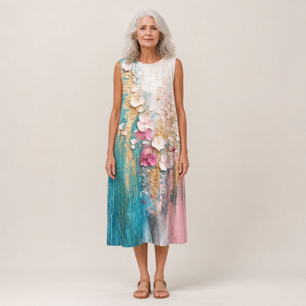 Ilse | Mouwloze midi-jurk met geschilderde bloemen
