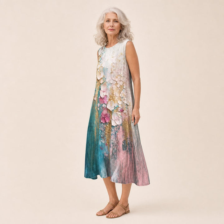 Ilse | Mouwloze midi-jurk met geschilderde bloemen
