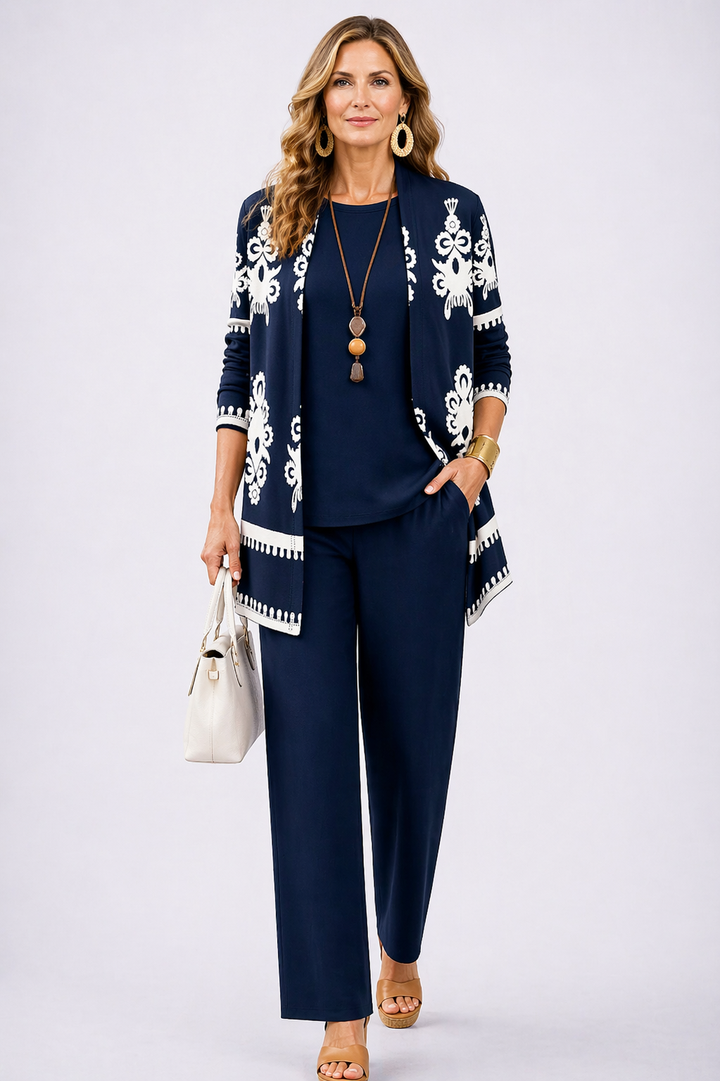 Guusje | 3-delige set met printcardigan in marineblauw
