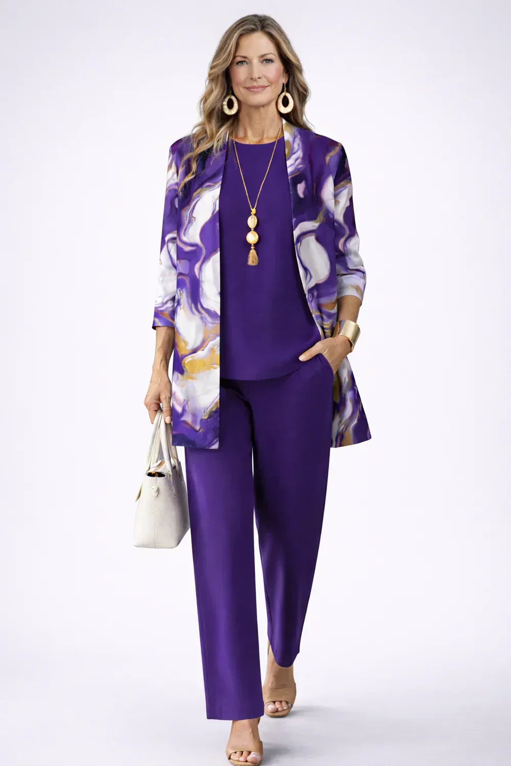 Hester | 3-delige set met printcardigan in paars en wit