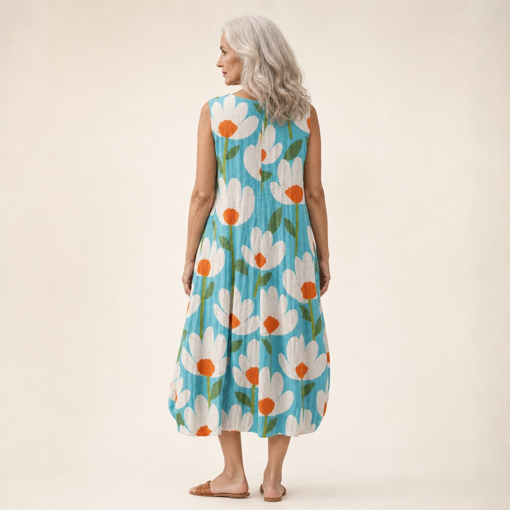 Ria | Mouwloze midi-jurk met bloemen op turquoise