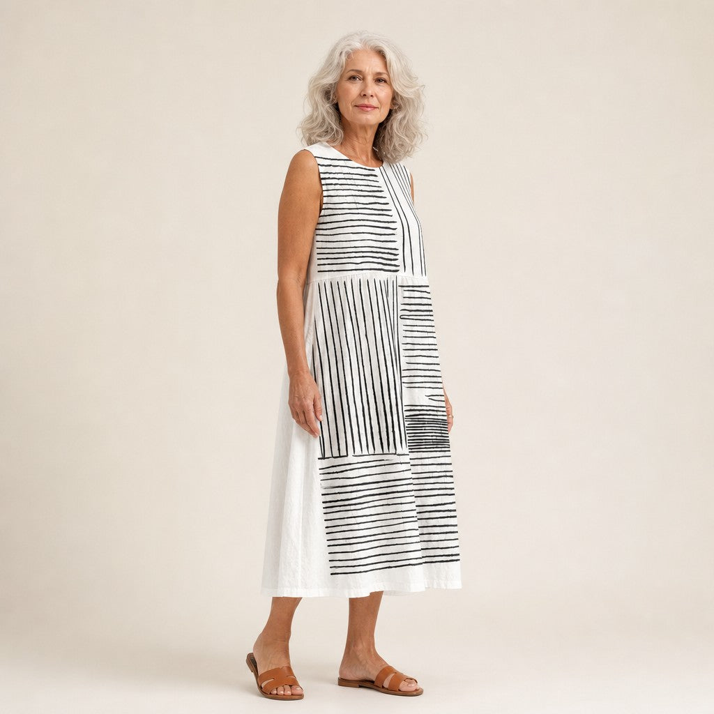 Maaike | Mouwloze midi-jurk met zwart-wit lijnpatroon
