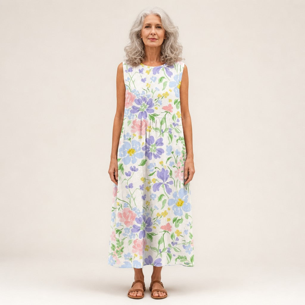 Julia | Mouwloze midi-jurk met tuinbloemen