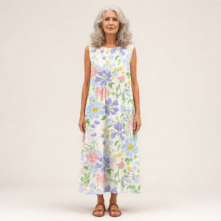 Julia | Mouwloze midi-jurk met tuinbloemen
