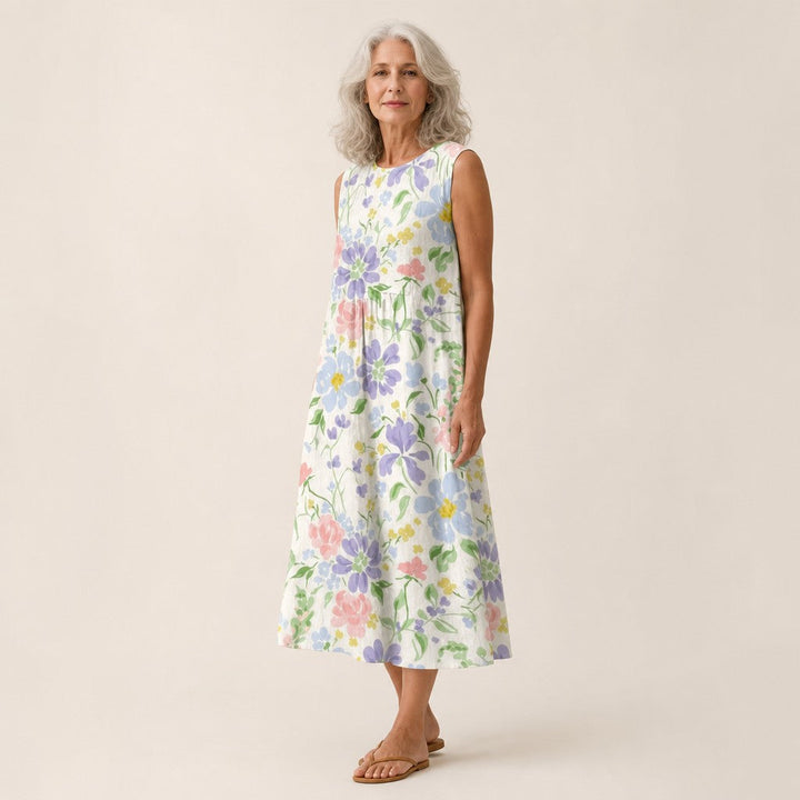 Julia | Mouwloze midi-jurk met tuinbloemen