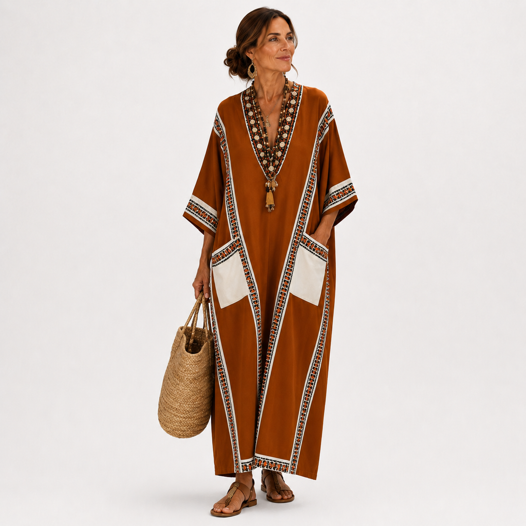 Jenny | Terracotta kaftan met etnisch motief