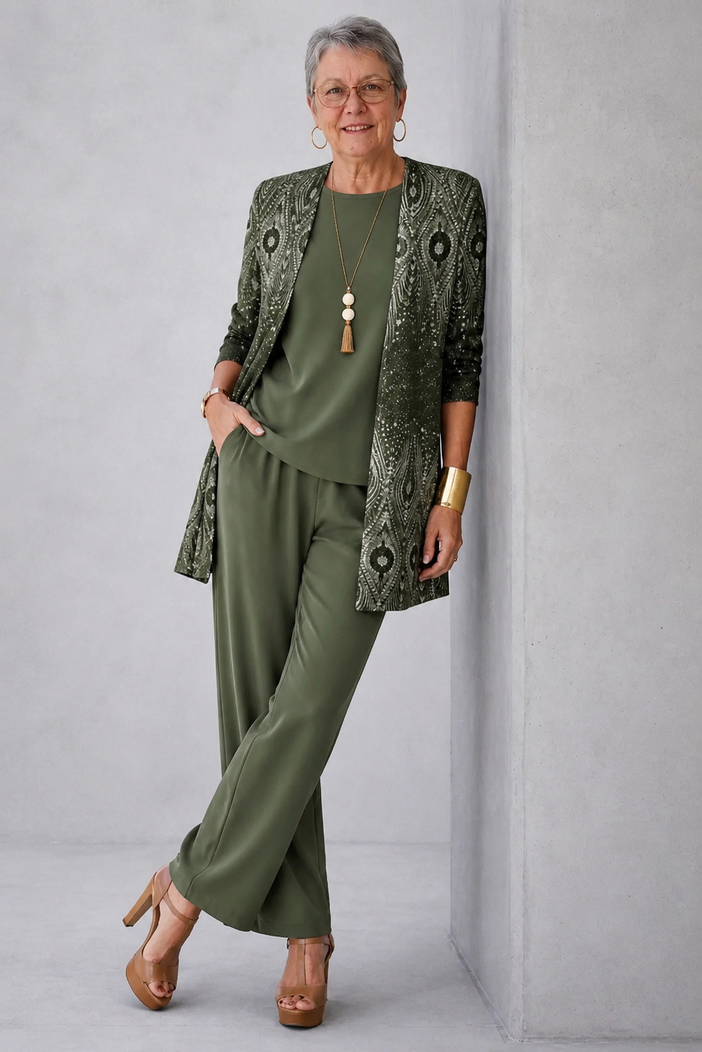 Jet | 3-delige set met printcardigan in groen