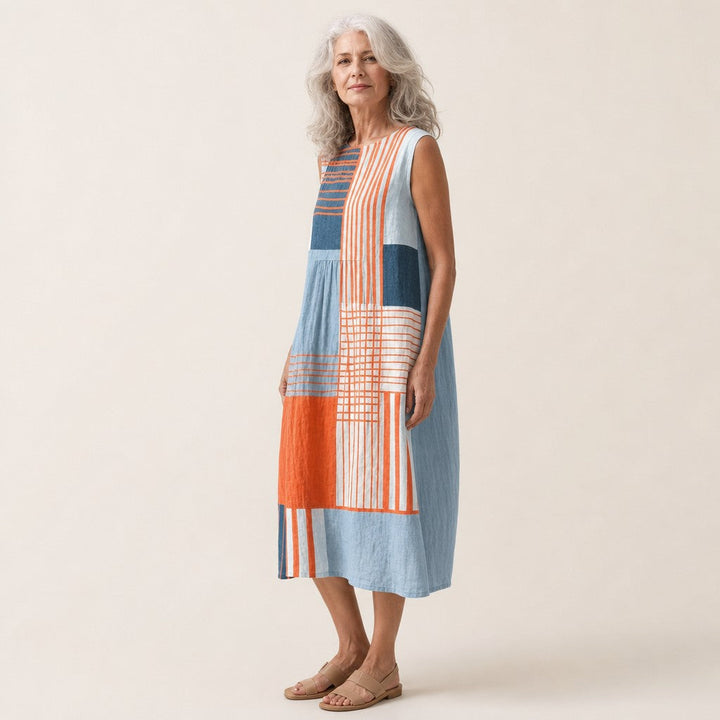 Leonie | Mouwloze midi-jurk met strepen en ruiten in oranje en blauw