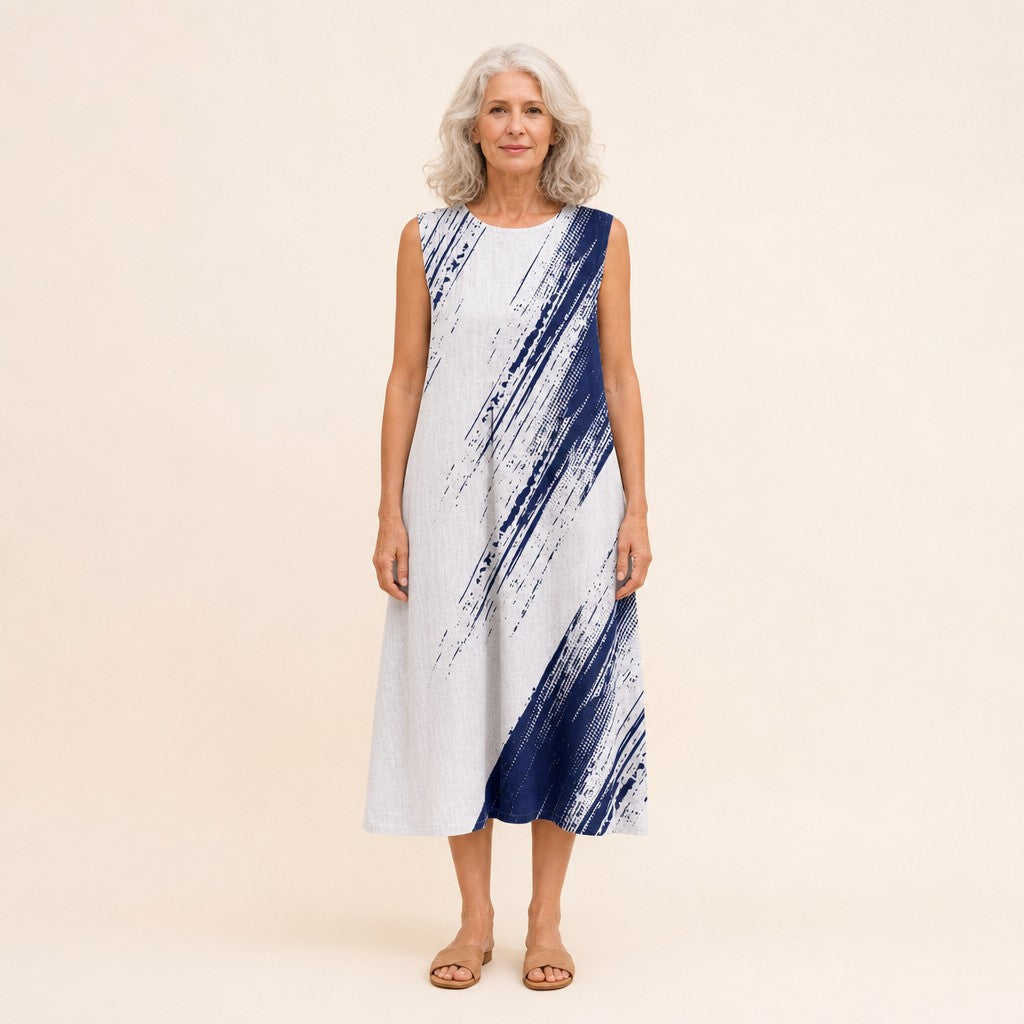 Sofie | Mouwloze midi-jurk met donkerblauwe penseelstreken