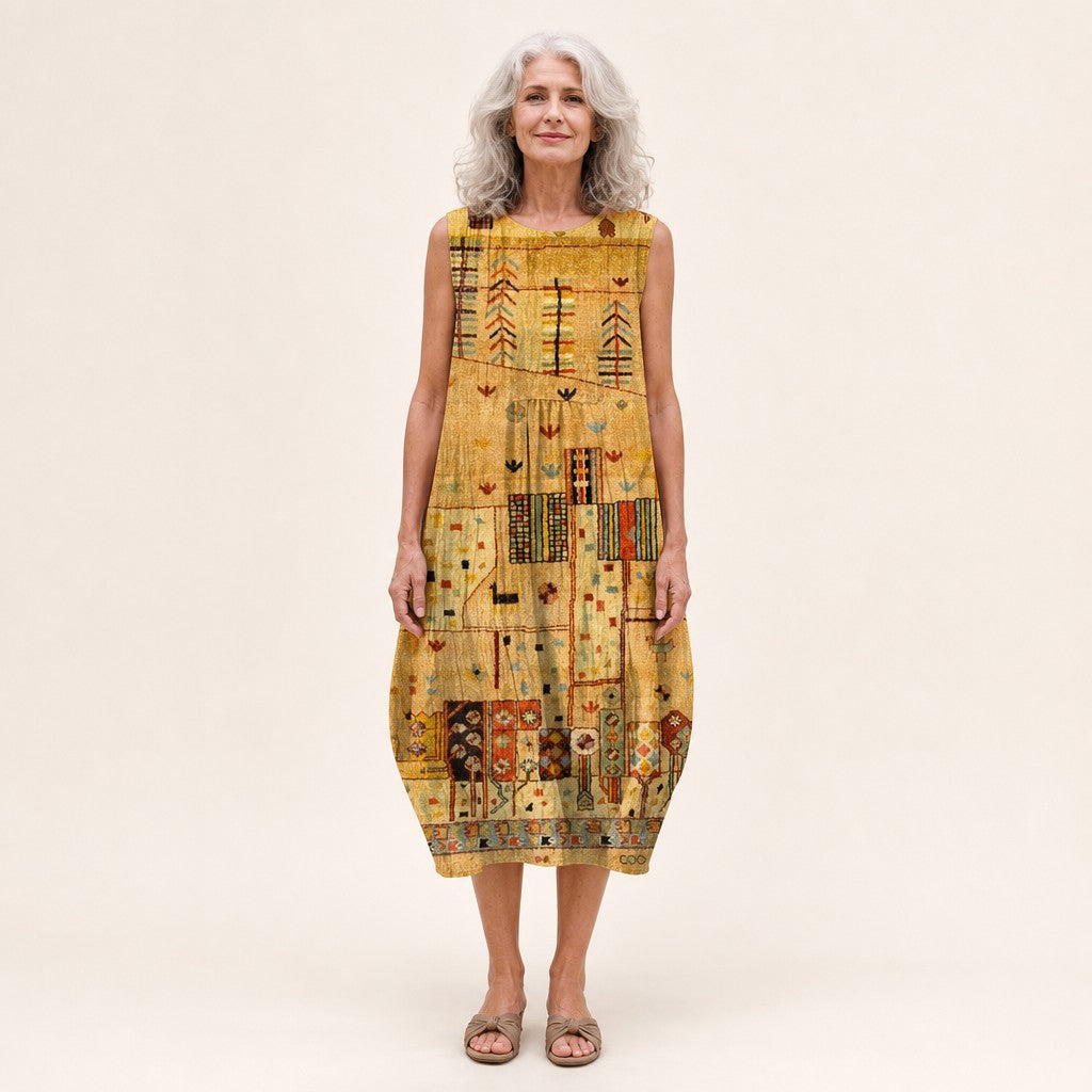 Nicole | Mouwloze midi-jurk met goudkleurig ornamentpatroon