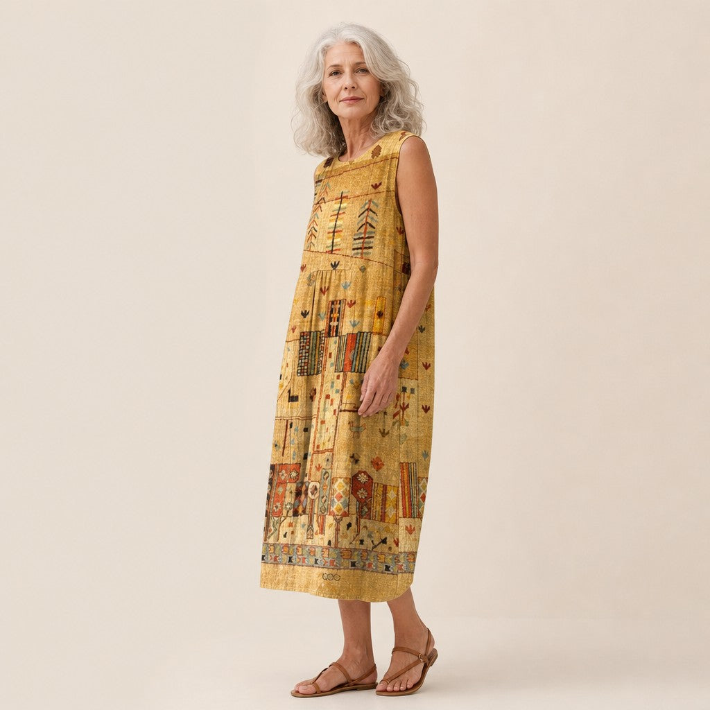Nicole | Mouwloze midi-jurk met goudkleurig ornamentpatroon