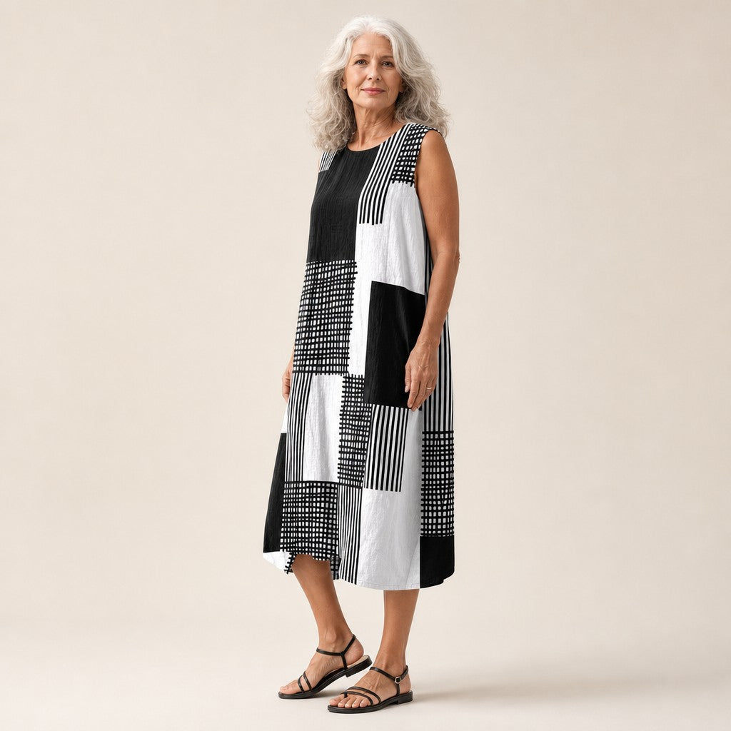 Nienke | Mouwloze midi-jurk met zwart-wit patchwork