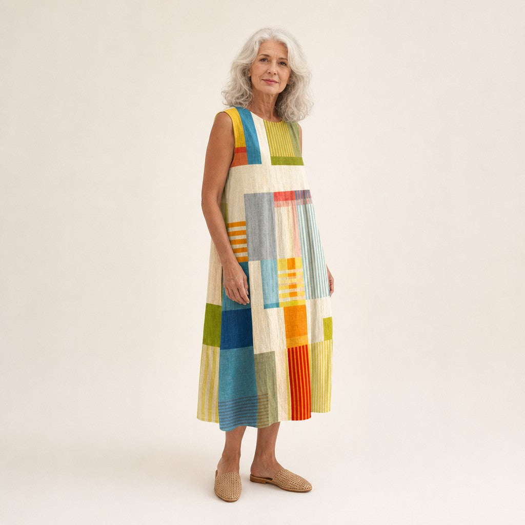 Esther | Mouwloze midi-jurk met kleurrijke vlakken