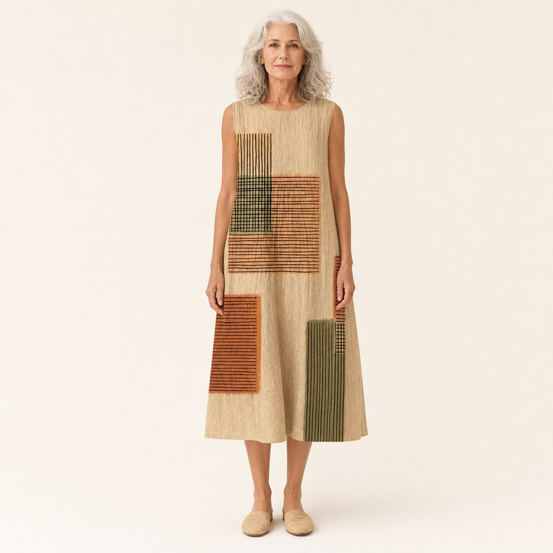 Ingrid | Mouwloze midi-jurk met patchworkprint