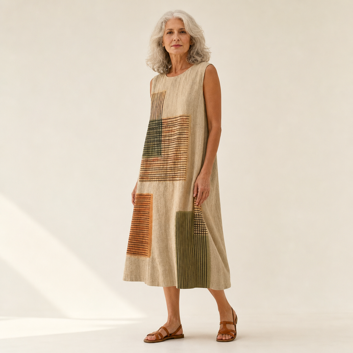 Ingrid | Mouwloze midi-jurk met patchworkprint