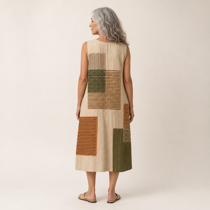Ingrid | Mouwloze midi-jurk met patchworkprint