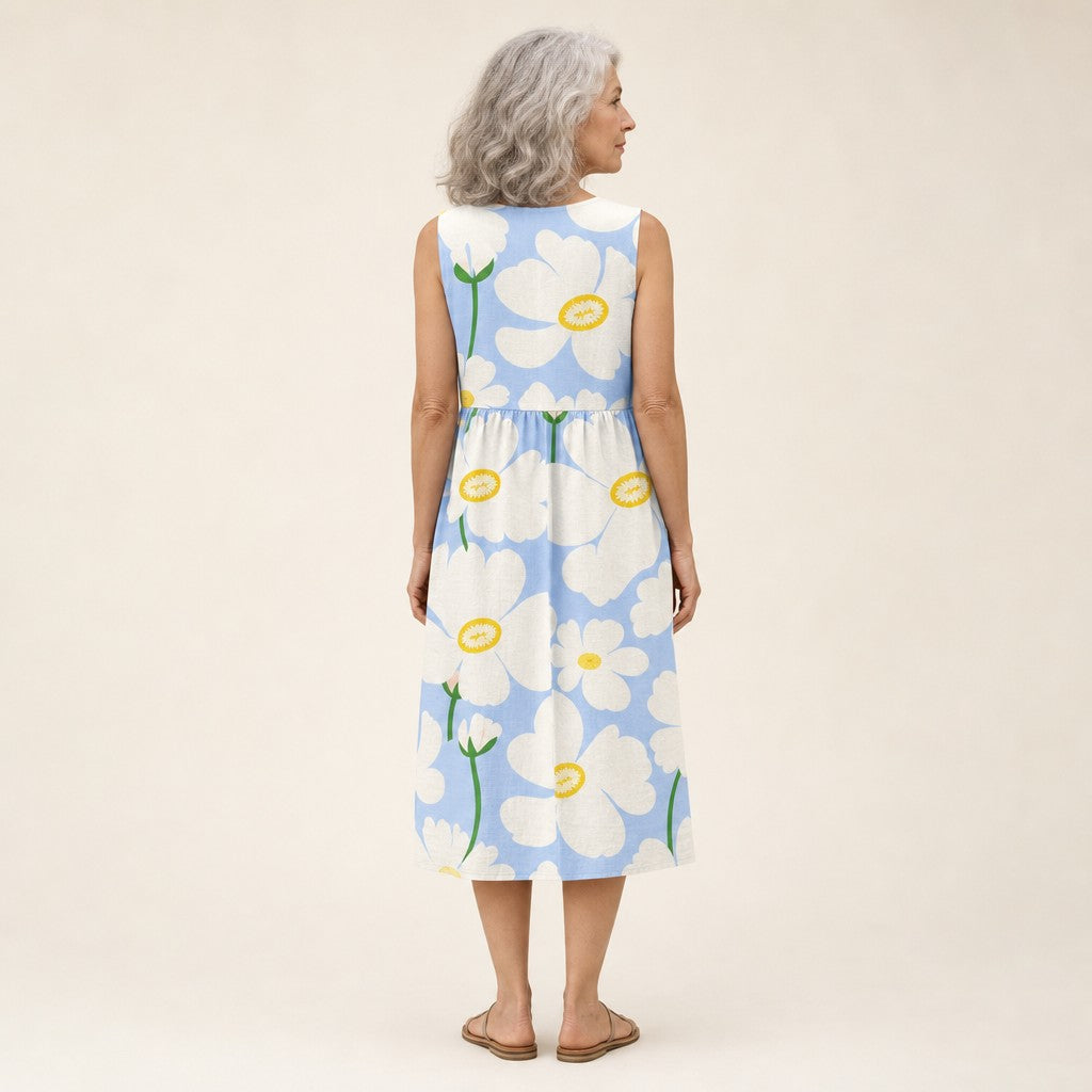Bente | Mouwloze midi-jurk met grote witte bloemen op lichtblauw