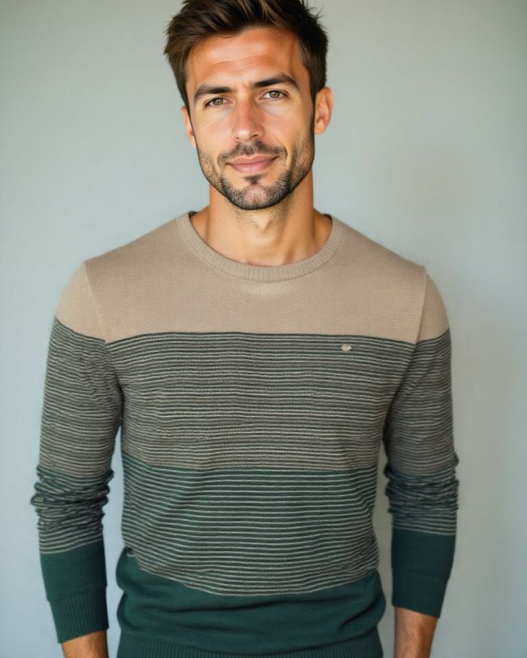 Broer | Groene colourblock trui met ronde hals