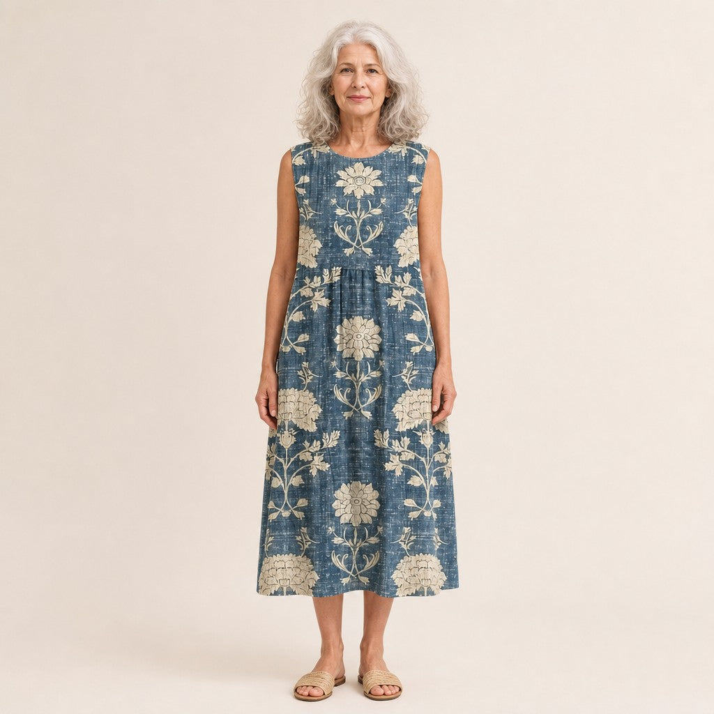 Lianne | Mouwloze midi-jurk met crèmekleurige bloemen op blauw