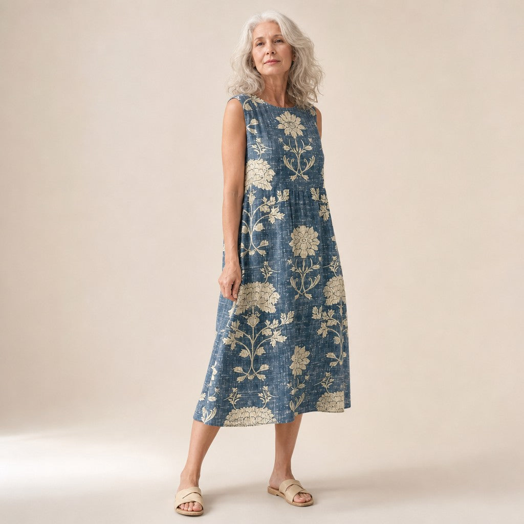 Lianne | Mouwloze midi-jurk met crèmekleurige bloemen op blauw