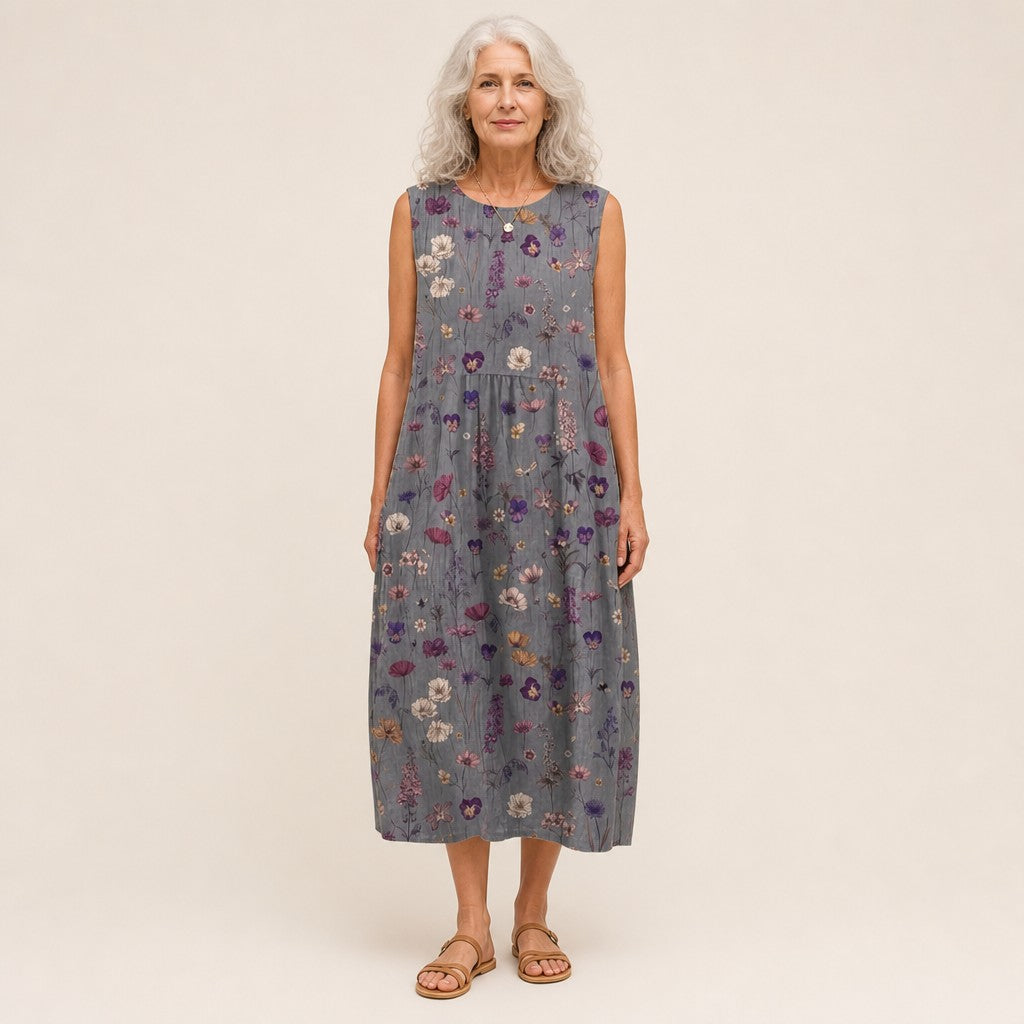Lieke | Mouwloze midi-jurk met kleine bloemen op grijs