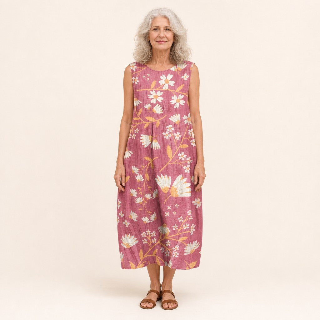 Chantal | Mouwloze midi-jurk met bloemen op oudroze