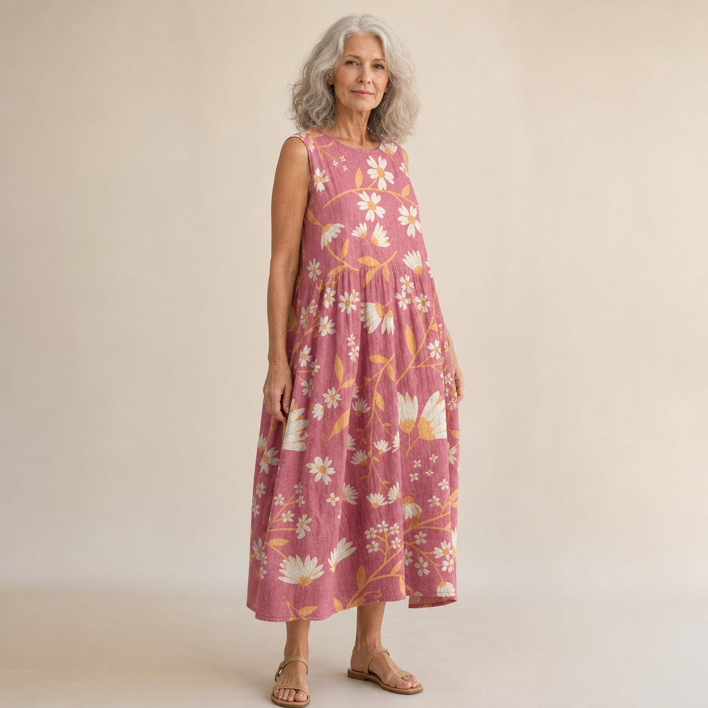 Chantal | Mouwloze midi-jurk met bloemen op oudroze