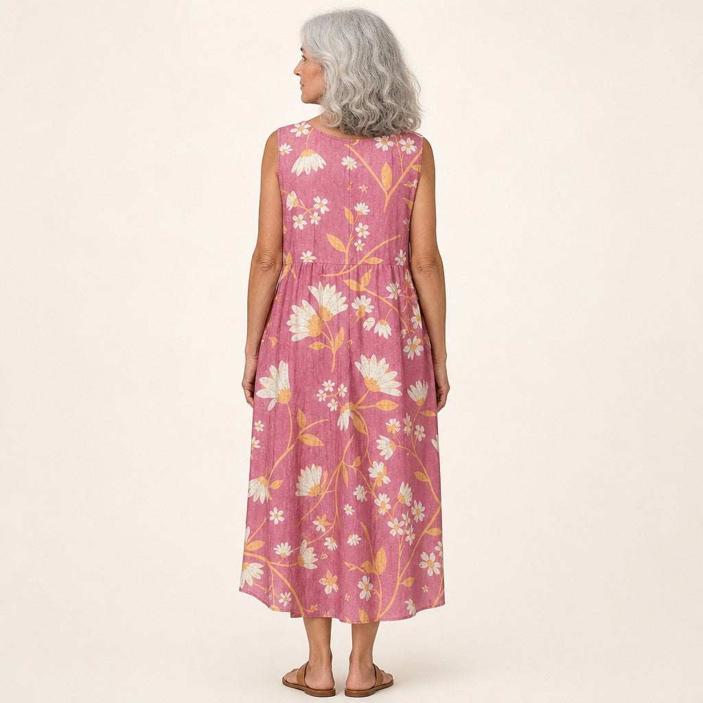 Chantal | Mouwloze midi-jurk met bloemen op oudroze