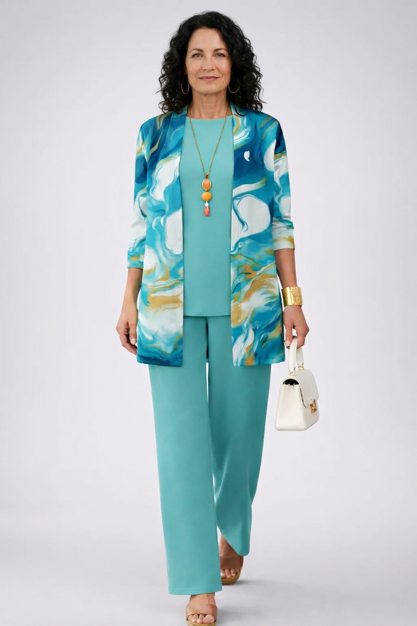 Marjolein | 3-delige set met marmerjas in blauw