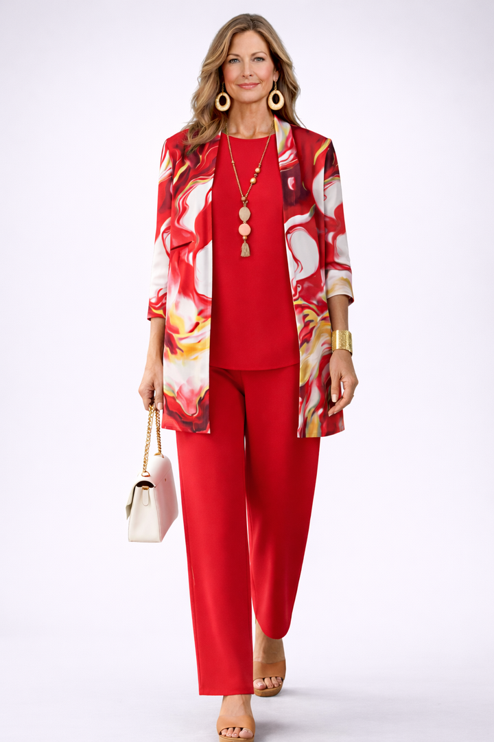 Merel | 3-delige set met marmerjas in rood