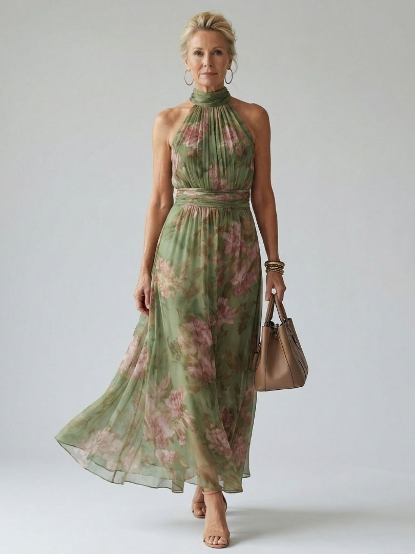 Nicole | Midi-jurk met rozenprint op saliegroen