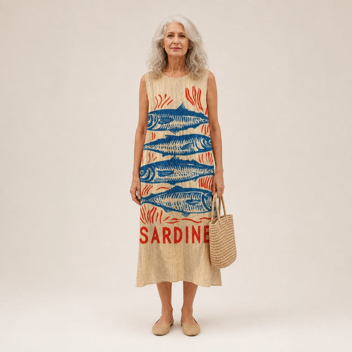 Sylvia | Mouwloze midi-jurk met sardineprint