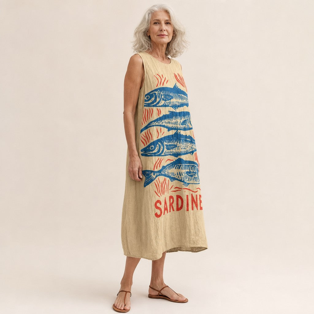 Sylvia | Mouwloze midi-jurk met sardineprint