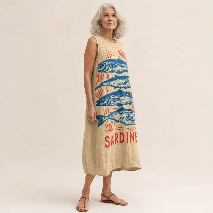 Sylvia | Mouwloze midi-jurk met sardineprint