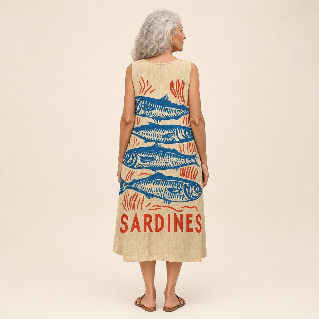 Sylvia | Mouwloze midi-jurk met sardineprint