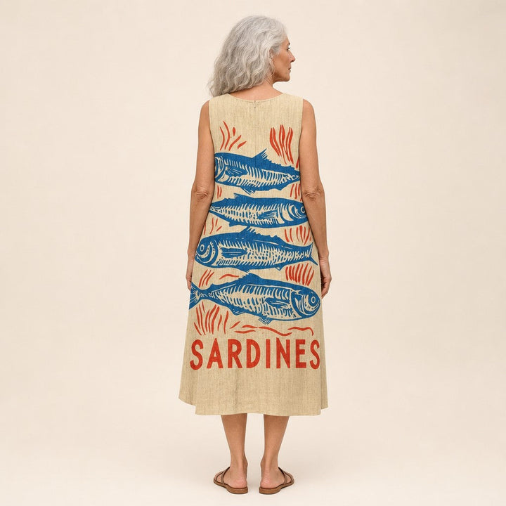 Sylvia | Mouwloze midi-jurk met sardineprint