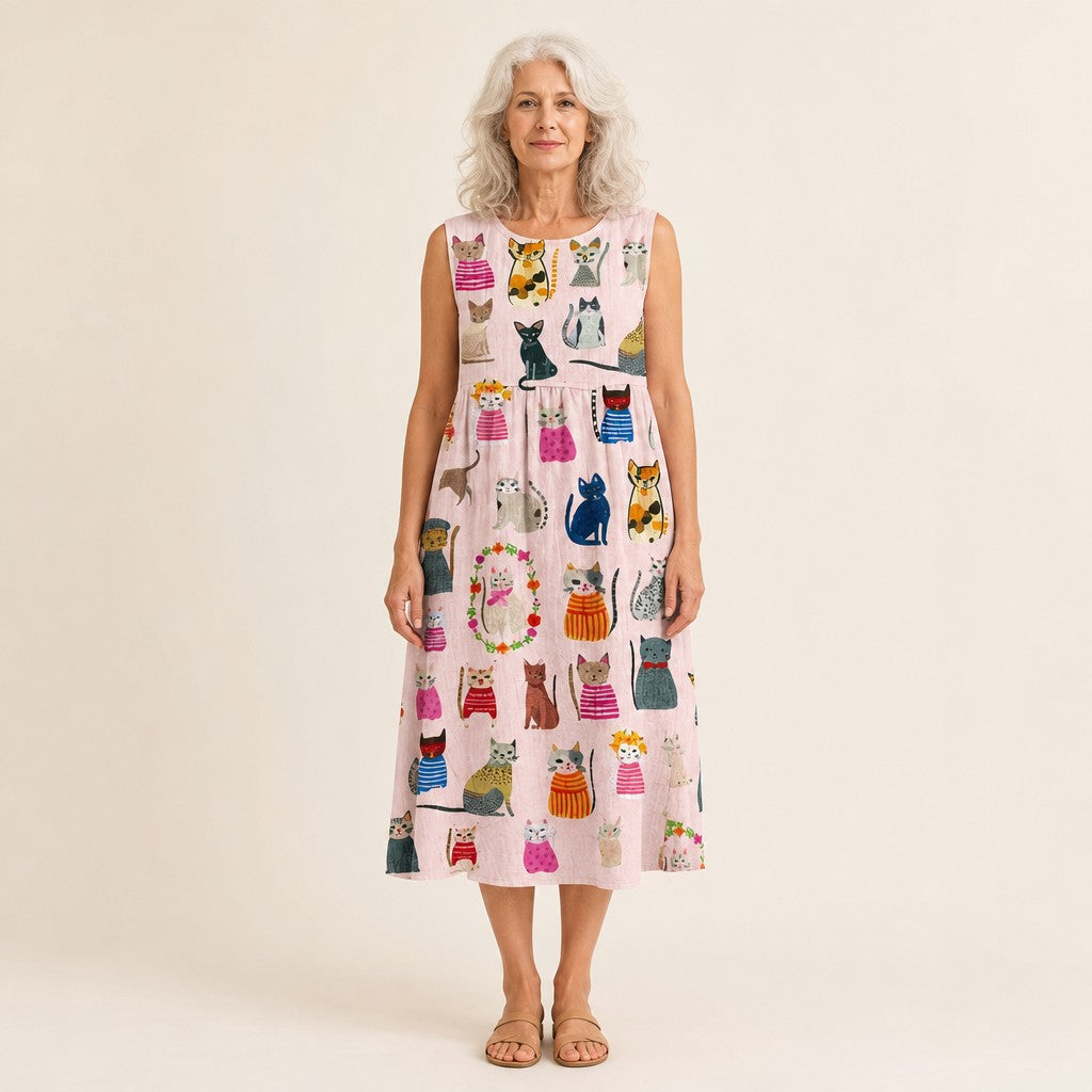 Marit | Mouwloze midi-jurk met kattenprint